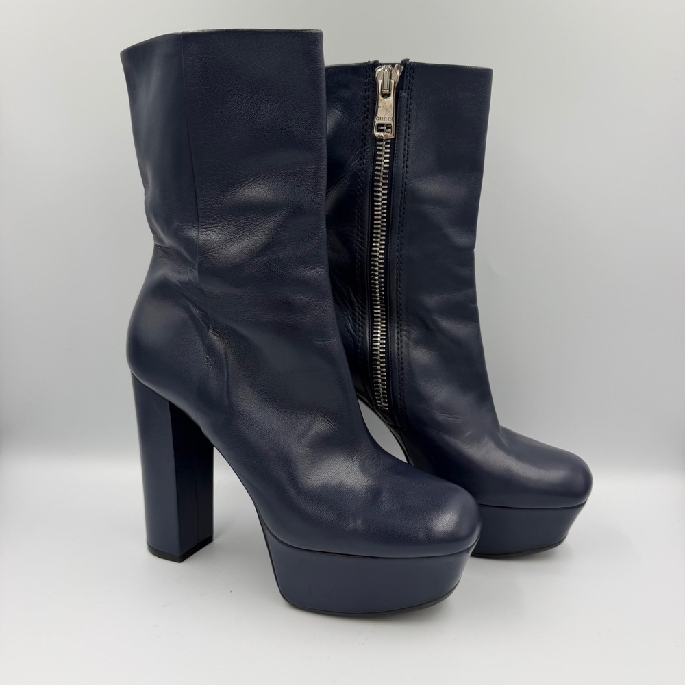 Gucci Platform Ankle Boots EU 37.5 US 7.5 Navy Leather Made Italy 353710 Zip